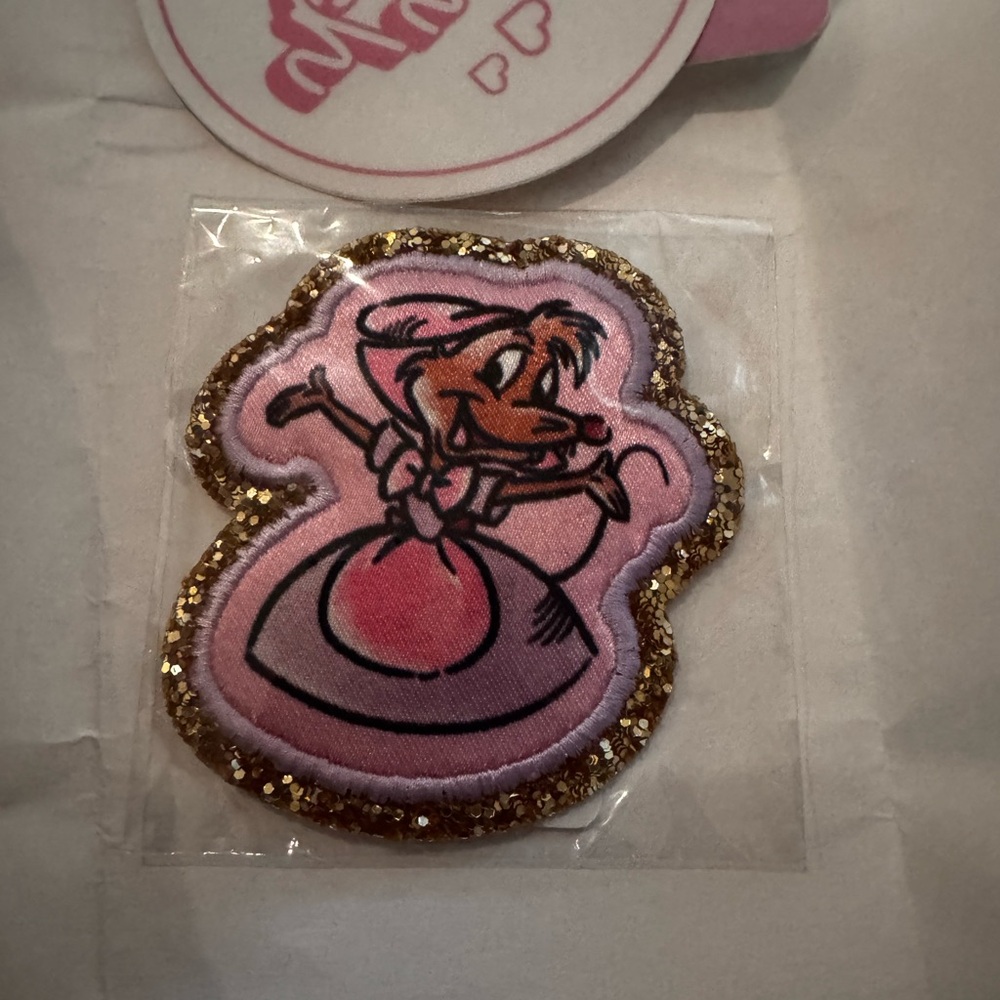 Pink Cinderella Mouse Patch with Gold Glitter Border